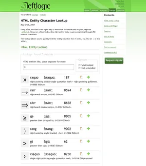 Quickly lookup character entity's using Leftlogics tool. HTML Entity Character Lookup by Leftlogic