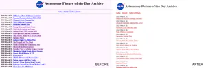 Before and after screenshot of the archive page. Nasa picture archive, before and after.
