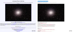 Before and after screenshot of the daily picture page. Nasa picture of the day, before after