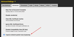 The tcpdump option is located under the 'Advanced' tab when you configure your test.