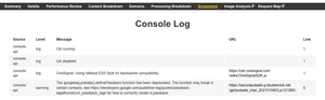 The console log panel gives information about massages in the console from the test.