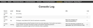 The console log panel gives information about massages in the console from the test.