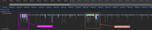 Here we see what looks like the 'Performance' tab in Chrome DevTools. It shows lots of detailed information about what was happening on the browsers main thread during the test. The heavy activity points have been highlighted as they match with the image above.