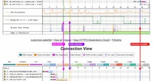 The two views are on the same timeline, so you can scroll between them to identify information about both requests and connections very quickly.