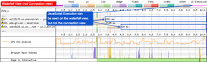 In the waterfall view you can see the JS execution a slim, pink lines after the download has been completed.
