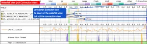 In the waterfall view you can see the JS execution a slim, pink lines after the download has been completed.