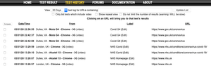 Example of the 'Test History' page on WebPageTest displaying multiple test results from different websites.