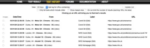 Example of the 'Test History' page on WebPageTest displaying multiple test results from different websites.