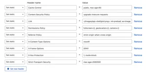 The 9 static response headers I've added can be seen in this screenshot. They are listed as text below if required.