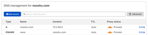 DNS record settings in Cloudflare.