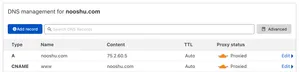 DNS record settings in Cloudflare.