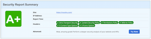 Nooshu.com with a security score of A+ on the Security Headers scanner.
