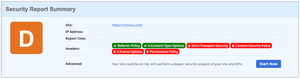 Nooshu.com with a security score of D on the Security Headers scanner.