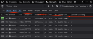 The Firefox DevTools panel before implementation, no Brotli compression in the Content-Encoding response header Network panel column