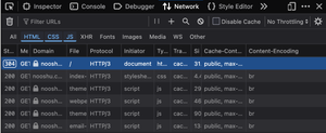 The Firefox DevTools panel on page reload, no Brotli compression in the Content-Encoding response header Network panel column can be seen