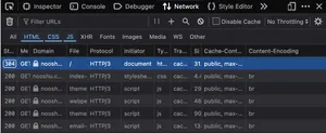 The Firefox DevTools panel on page reload, no Brotli compression in the Content-Encoding response header Network panel column can be seen