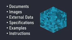 A graphic of a cube filled with blue squares. Each of the squares represents some knowledge that the AI has learned during its training.