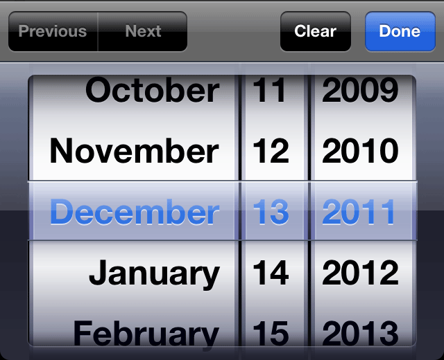 An example of the date input type on iPhone, iPad and iPods.