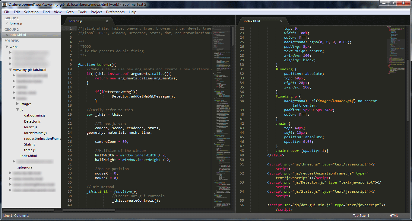 Sublime Text 2 editor in action with 2 columns.