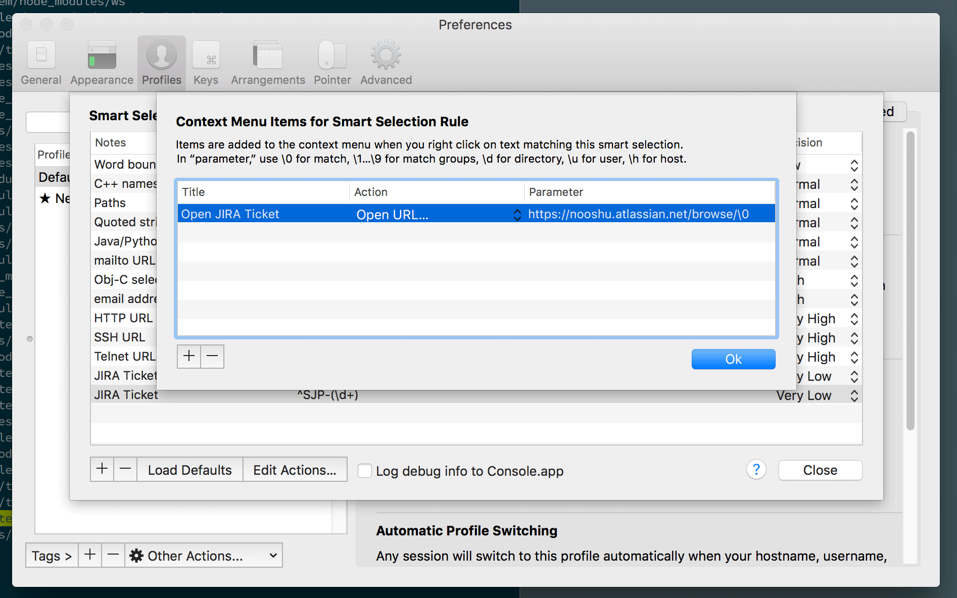 Assigning a smart selection action in iTerm2.