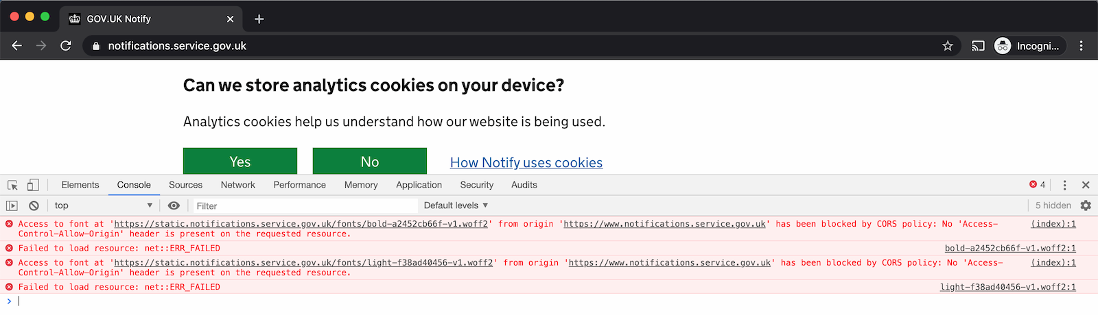 The Chrome browser console error referred to a CORS error about Access-Control-Allow-Origin.