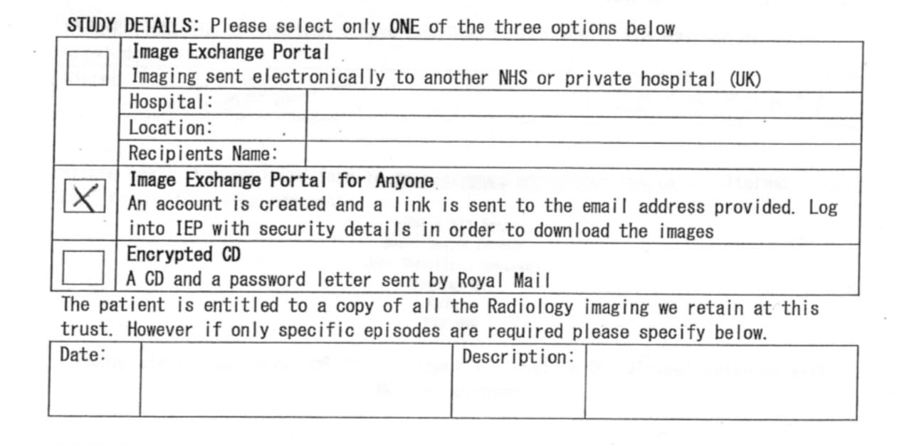 Section of the image scan application form where you get to choose how they send the data to you.