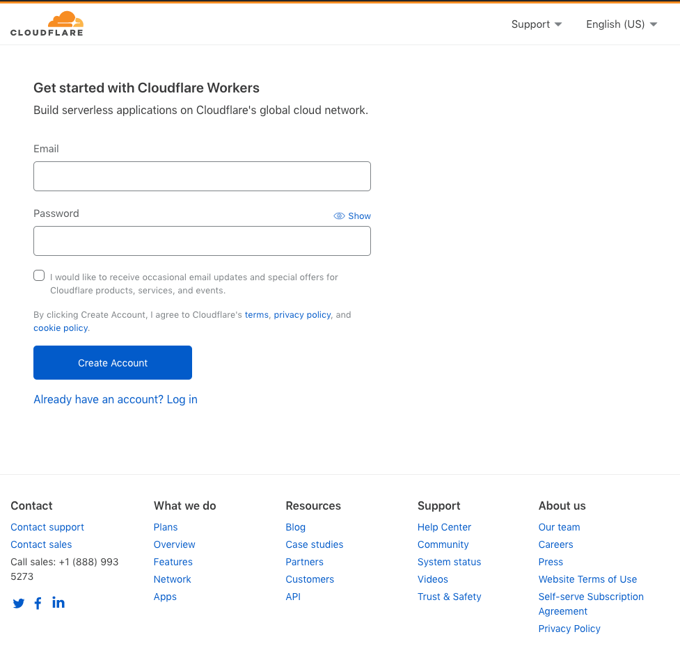 Image of the login page for Cloudflare Workers.