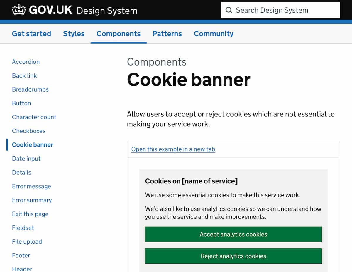 The design system has a dedicated cookie banner component.