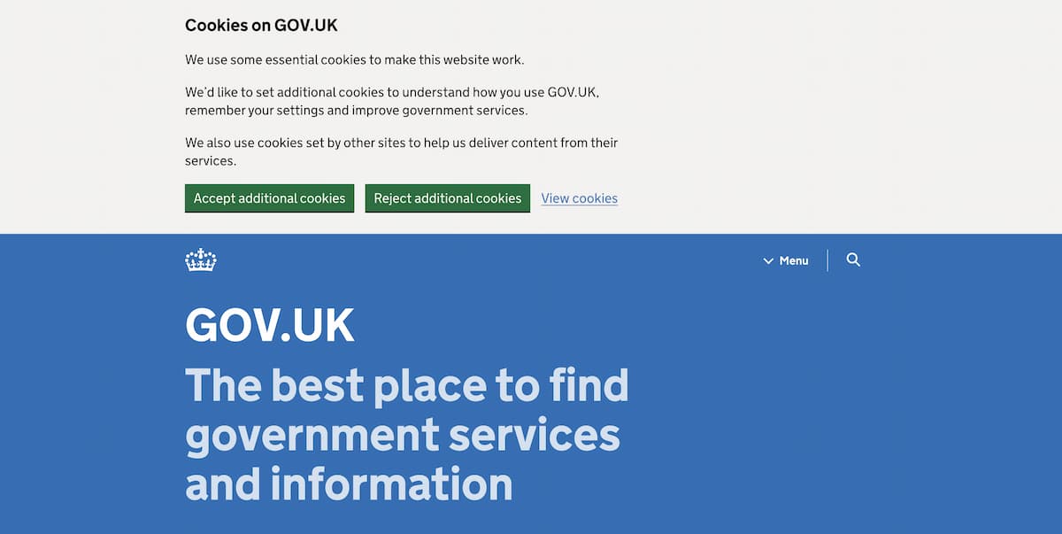 The cookie banner at the top of the GOV.UK homepage