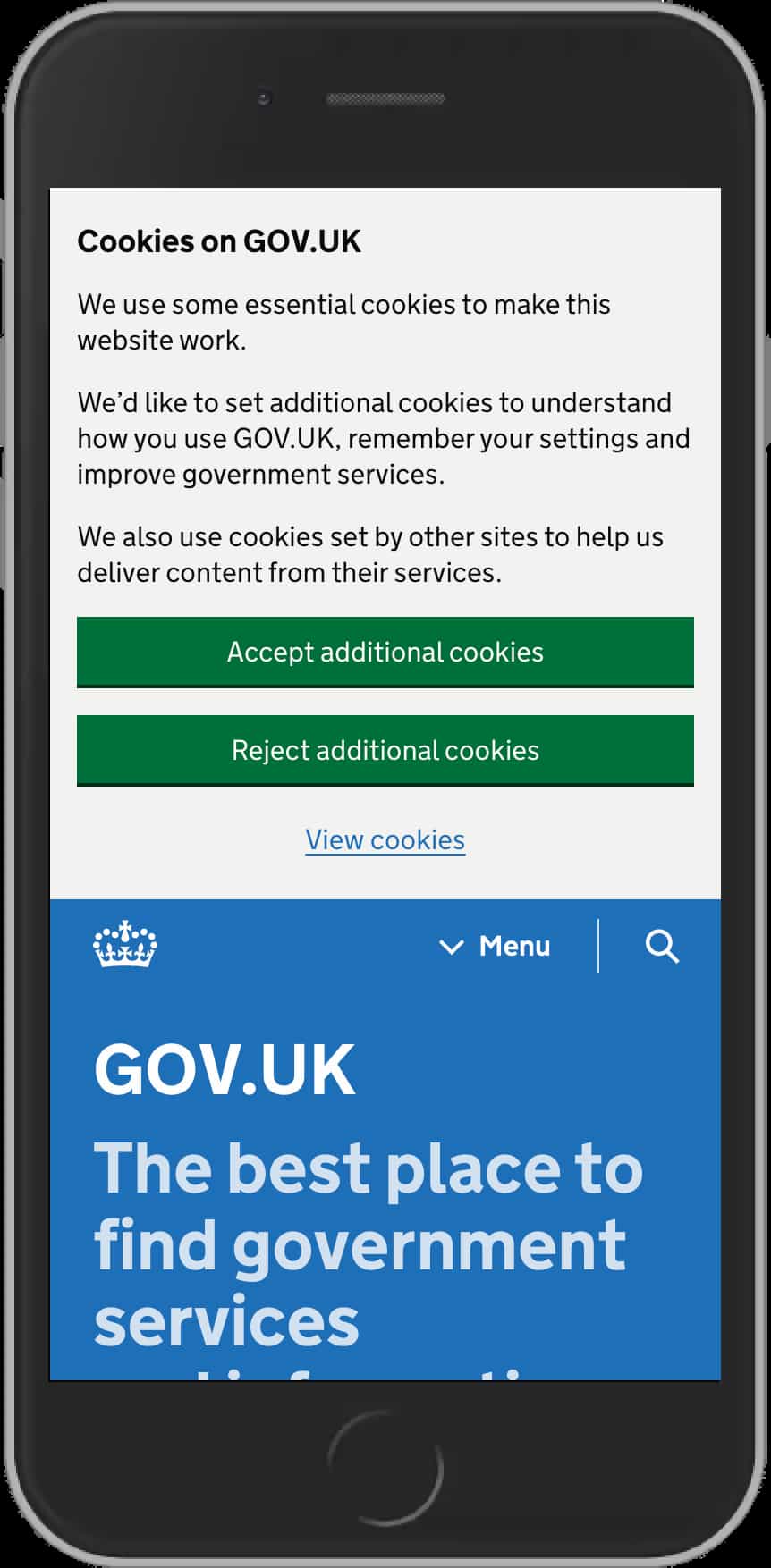 The GOV.UK homepage with cookie banner on an iPhone 6