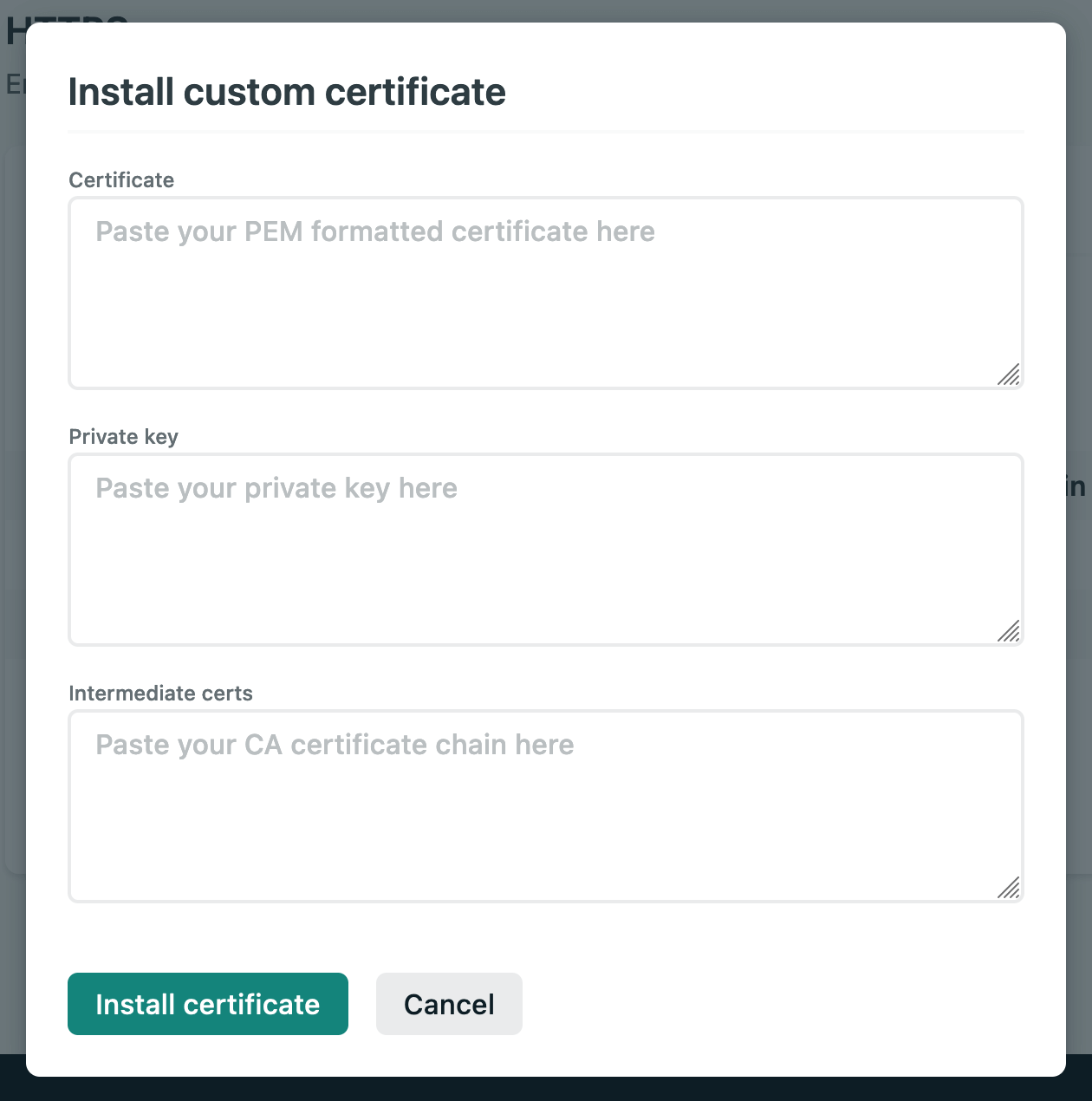 Install custom certificate dialog in Netlify.