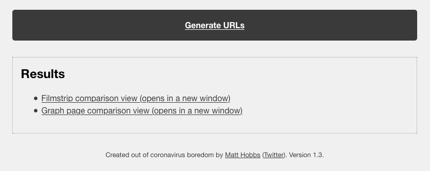 The wpt-compare tool can be used to generate a filmstrip URL and now the test graph URLs.