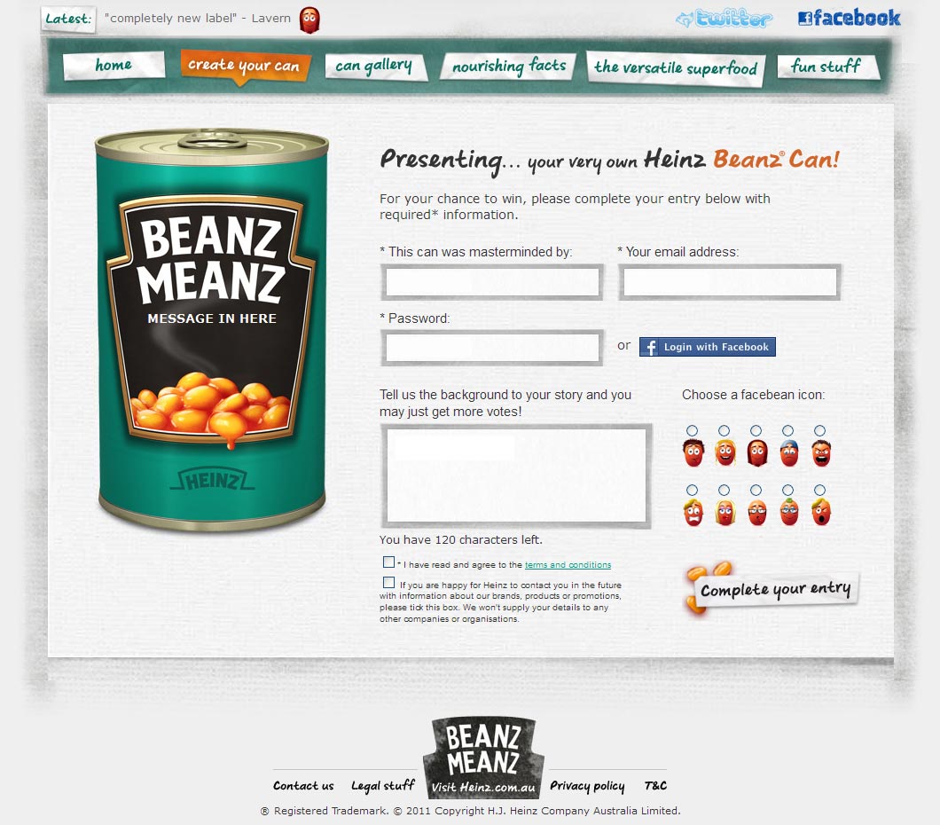 Heinz Beanz Meanz form page.