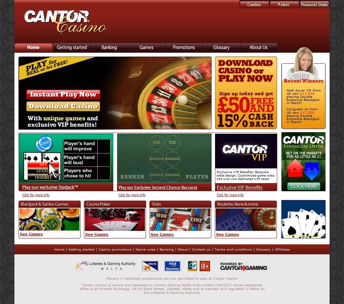 Cantor Index casino page.