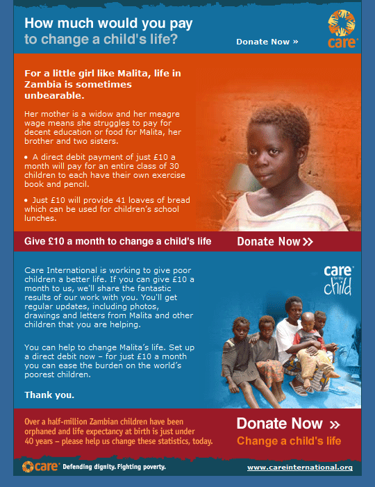 Care International donate page.