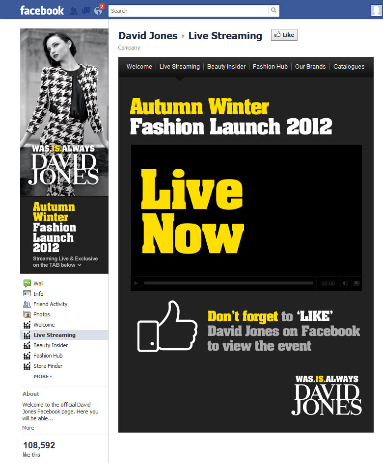 David Jones live streaming Facebook application page 4.