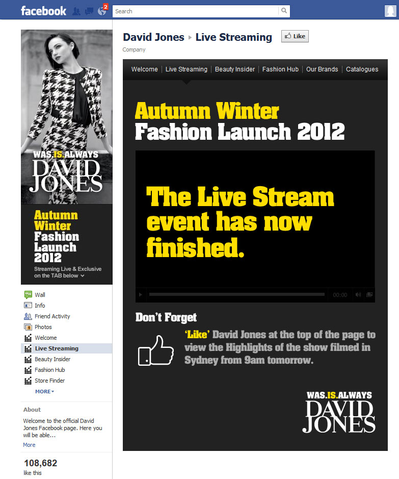 David Jones live streaming Facebook application page 6.