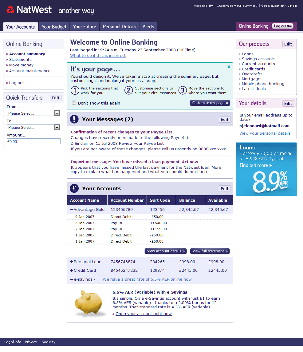 NatWest online banking prototype initial page.