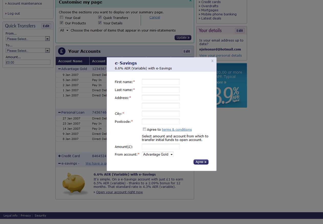 NatWest online banking prototype modal page.