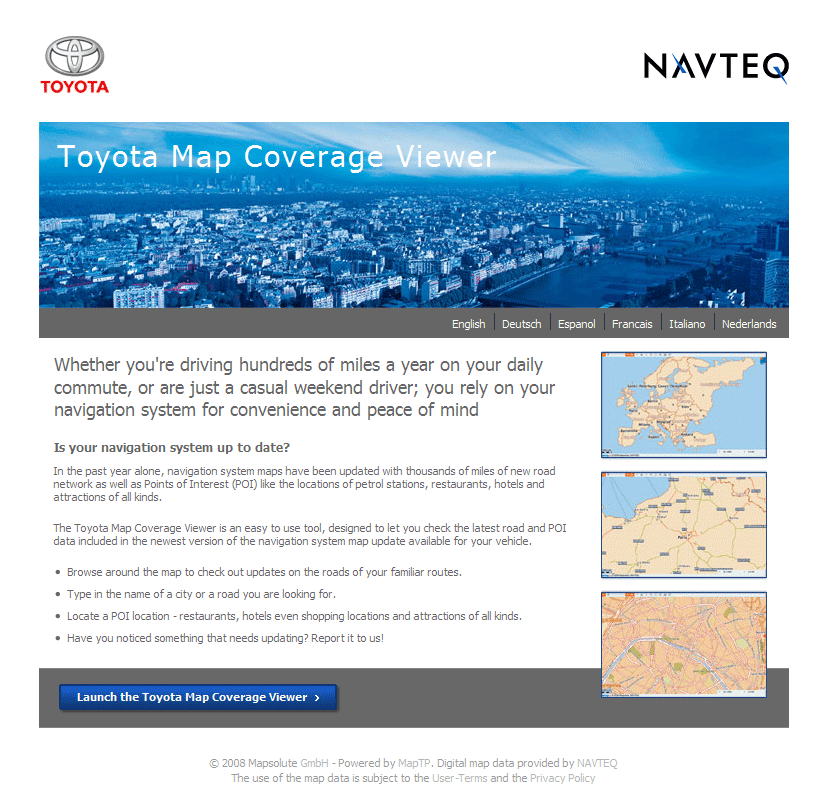 NAVTEQ landing page Toyota image.