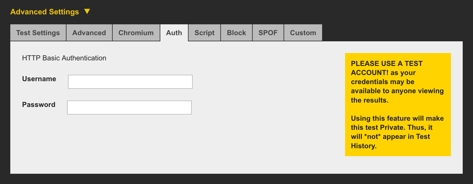 Allow WPT to access a website behind HTTP authentication. Image shows input fields for a username and password.