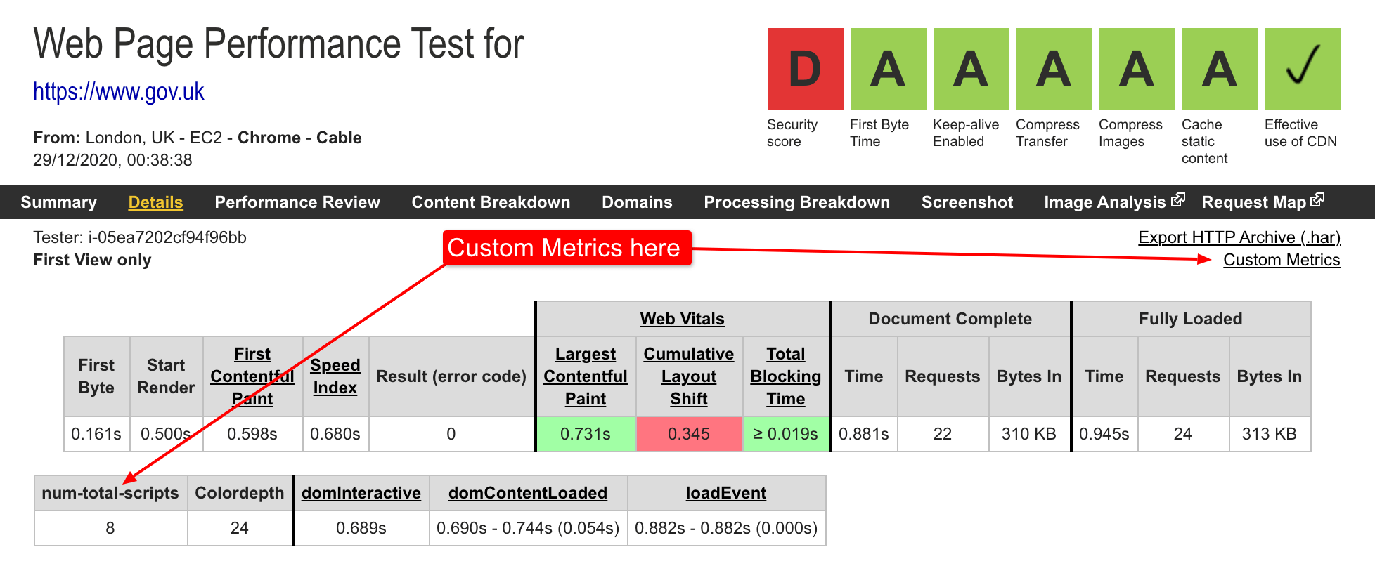 Custom metrics can be viewed inside an individual test run data.