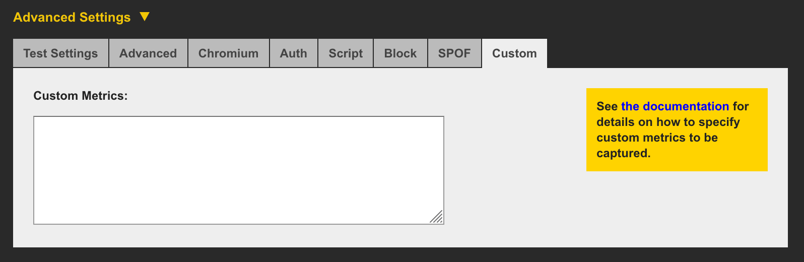 The custom tab consists of a single textarea for inputting JavaScript that will return custom metrics.