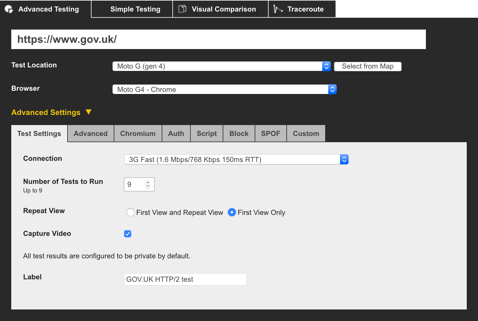 Run the first test, label with HTTP/2 and select your settings.