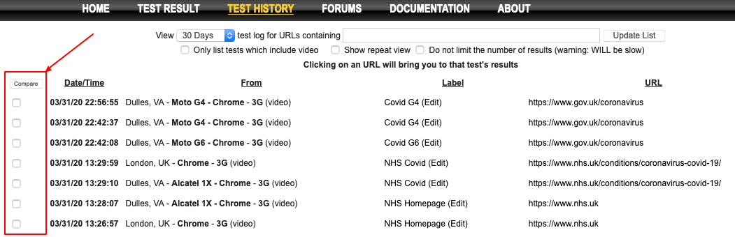 'Test History' with the compare functionality highlighted to the left of the results.
