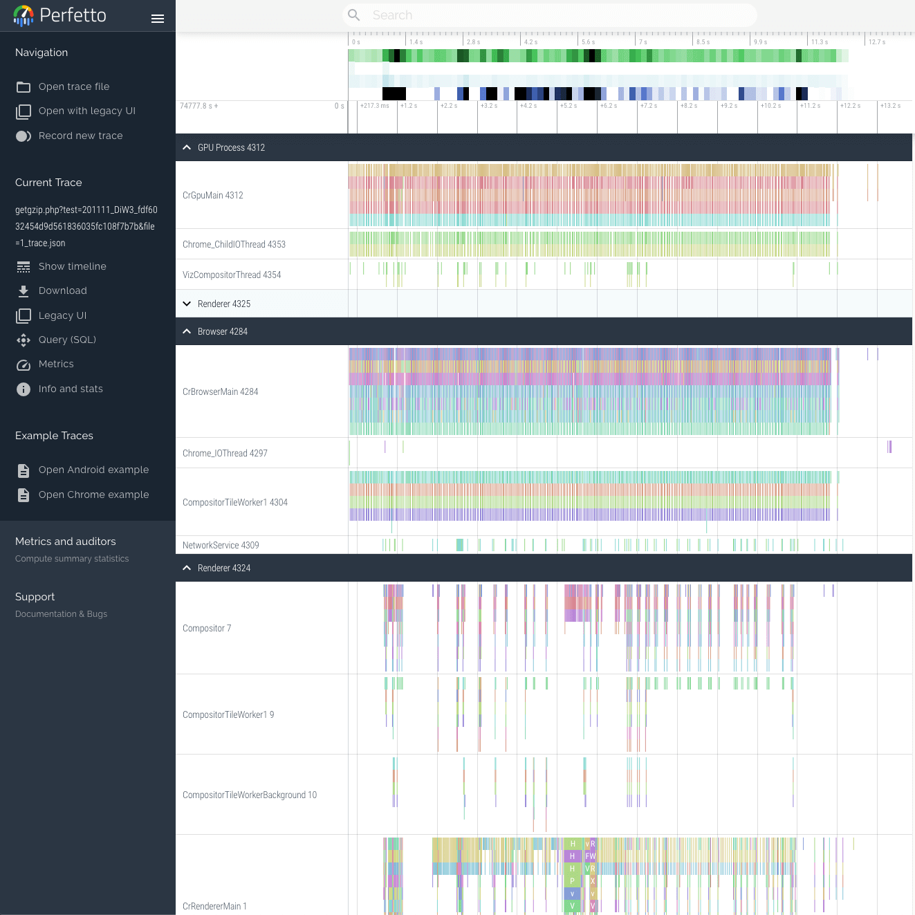 Perfetto can give you an insight into the underlying Chromium profile data if tracing is enabled in the test settings. Image shows a huge number of data points visualised across many different categories.